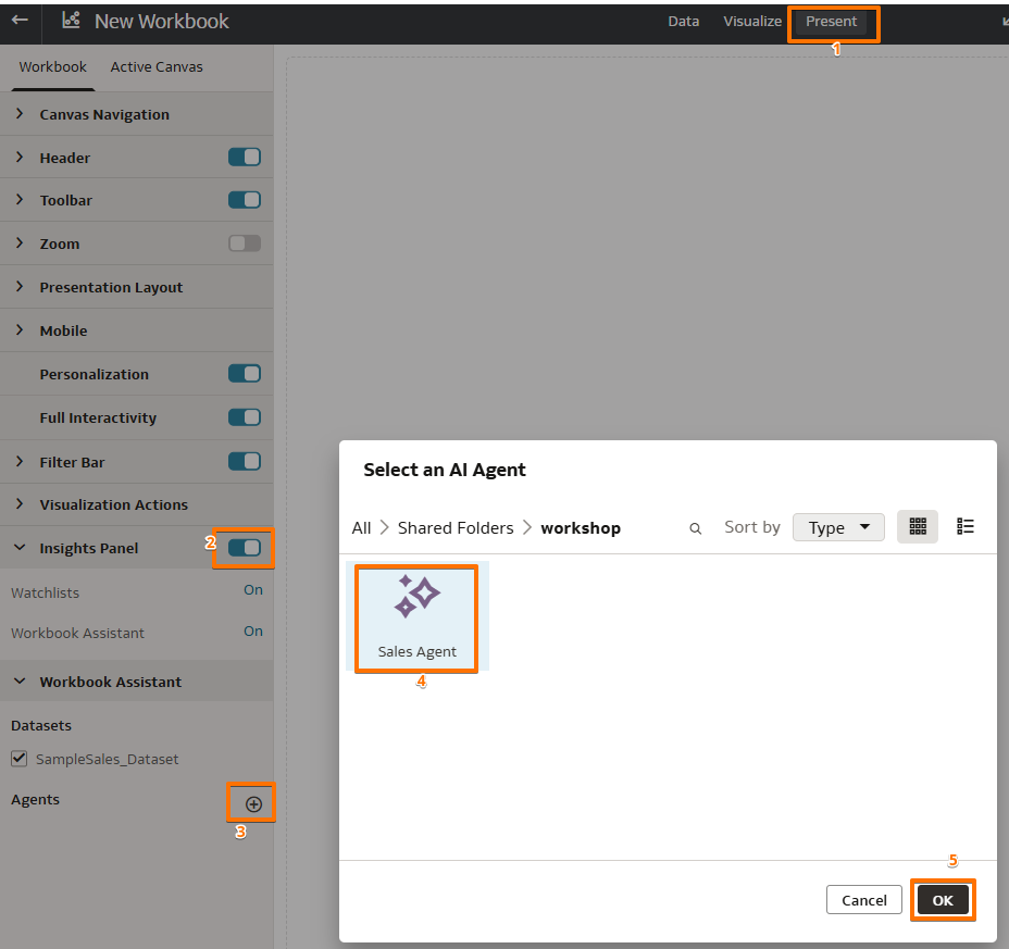 Screenshot: Associating the Sales Agent to the workbook via Present tab — Insights Panel, Workbook Assistant, and Select an AI Agent dialog